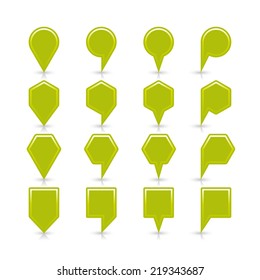Light green map pin sign satin location icon with copy space and gray reflection and shadow isolated on white background. Web design element save in vector illustration 8 eps