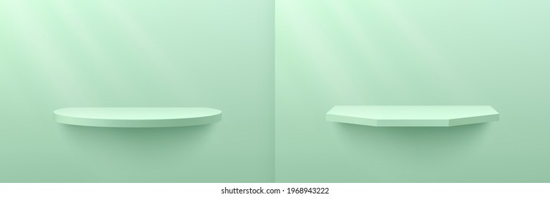 light green mint cylinder and hexagon shelf set, Pedestal Podium. Bright blue wall scene with window lighting. Vector rendering 3d shape, Product display presentation. Abstract studio room concept.