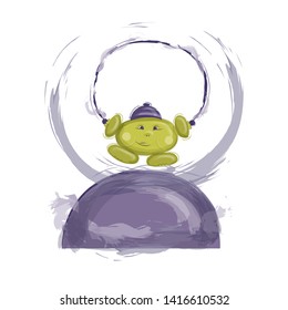 Light green monster in a purple hat jumping rope.
