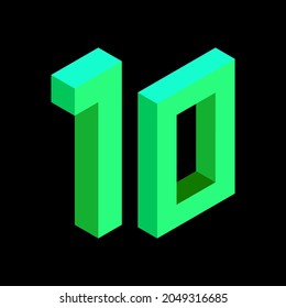 Light green number 10 in isometric style. Isolated on black background. Learning numbers, serial number, price, place. Vector illustration