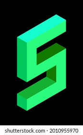 Light green number 5 in isometric style. Isolated on black background. Learning numbers, serial number, price, place. Vector illustration