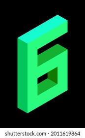 Light green number 6 in isometric style. Isolated on black background. Learning numbers, serial number, price, place. Vector illustration