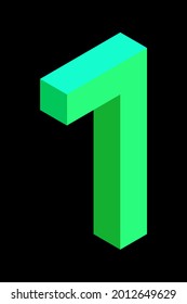 Light green number 7 in isometric style. Isolated on black background. Learning numbers, serial number, price, place. Vector illustration