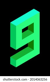 Light green number 9 in isometric style. Isolated on black background. Learning numbers, serial number, price, place. Vector illustration