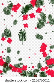 Light Green Palm Background Transparent Vector. Tree Wrapping Texture. Yellow Hibiscus. Decoration Illustration. Red Spring Frame.