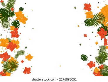 Light Green Palm Background White Vector. Leaves Jungle Texture. Pink Philodendron. Aloha Backdrop. Orange Artwork Card.