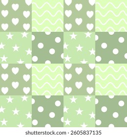 Light Green Patchwork Pattern with Hearts, Stars, Dots, and Waves