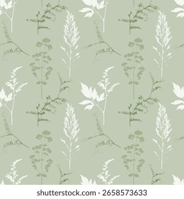 Light green pattern with silhouettes of summer meadow cereals and grasses, textile pattern in pastel colors with silhouettes of branches of wild grasses and flowers.