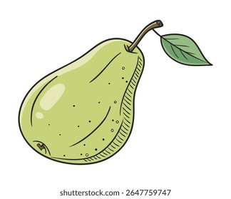 A light green pear with a brown stem and a single green leaf is depicted against a white background. The pear has subtle shading and small dots.