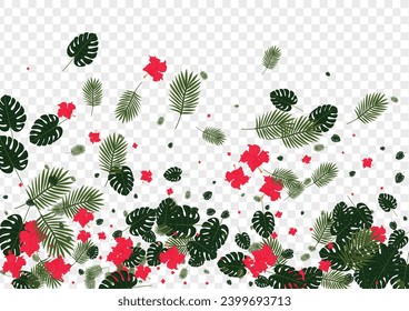 Light Green Philodendron Background Transparent Vector. Leaf Forest Pattern. Orange Palm. Decoration Backdrop. Red Brazil Card.