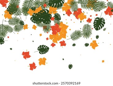 Light Green Philodendron Background White Vector. Leaves Vintage Frame. Pink Leaf. Wrapping Backdrop. Orange Vivid Pattern.
