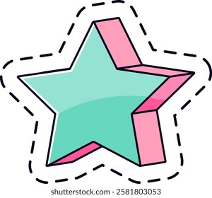 Light green and pink three dimensional five pointed star with dashed stroke representing a playful and modern design, ideal for children s projects or trendy designs