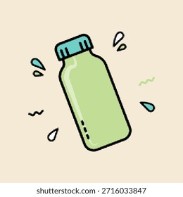 Garrafa de plástico verde claro com tampa azul-petróleo com padrão de ponto de meio-tom de arte pop retro e respingos, ilustração vetorial
