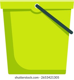 Light green plastic bucket featuring a dark handle, standing upright and ready for various tasks like cleaning or gardening, serving as a versatile tool for household chores
