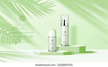 Podio verde claro con cosméticos. Fondo vectorial con botellas de productos cosméticos hidratantes naturales. Jarrones de crema y repelentes en el estrado y sombra de hojas de palma en la pared. Publicidad de cara o piel