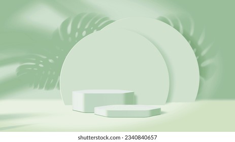 Estadio de podio verde claro o pedestal con hojas de monstera para la visualización cosmética, fondo vectorial. Productos cosméticos peatones de podio con sombra de hojas de palma, plataforma de escenario o exhibición