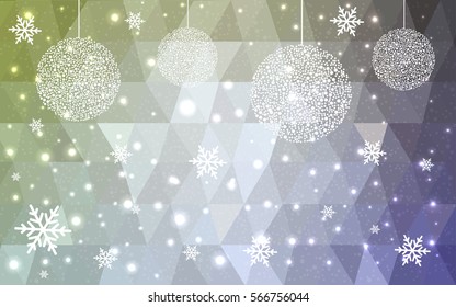 Light Green, purple vector christmas polygon background. Low poly Illustration consisting of triangles with snowflakes. Texture, seamless background of New Year celebration.