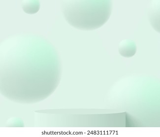 Podio 3D realista verde claro con bolas borrosas volumétricas.  El pedestal de la sala de exposición del estudio, escenario de maqueta de la vitrina. Podio de Vector 3d para la presentación del producto.