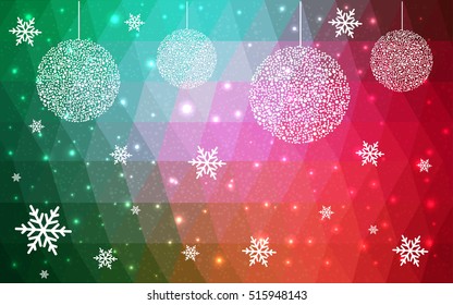 Light Green Red christmas postcard low polygon background. Vector illustration consisting of triangles. Abstract triangular polygonal origami or crystal design of New Year celebration.