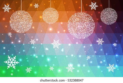 Light Green Red christmas postcard low polygon background. Vector illustration consisting of triangles. Abstract triangular polygonal origami or crystal design of New Year celebration.