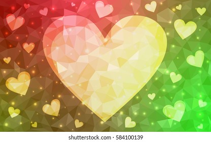 Light Green, Red vector abstract glitter heart shape on white background in love concept for valentine's day with sweet and romantic moment. Polygonal design for your business.