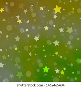 Light Green, Red vector backdrop with circles, stars. Glitter abstract illustration with colorful drops, stars. Pattern for trendy fabric, wallpapers.