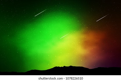 Light Green, Red vector background with galaxy stars. Glitter abstract illustration with colorful cosmic stars. Template for cosmic backgrounds.