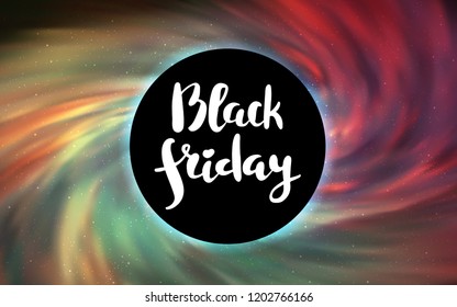 Light Green, Red vector background with a black hole, sky. Illustration with colorful milky way stars and a black hole. Template for Black Friday sales.