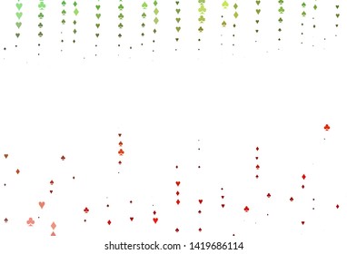 Light Green, Red vector background with cards signs. Blurred decorative design of hearts, spades, clubs, diamonds. Design for ad, poster, banner of gambling websites.