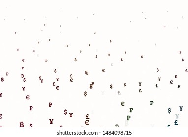 Light Green, Red vector background with signs of currency. Shining illustration with signs of currency on abstract template. Pattern for trader ads, booklets, leaflets.