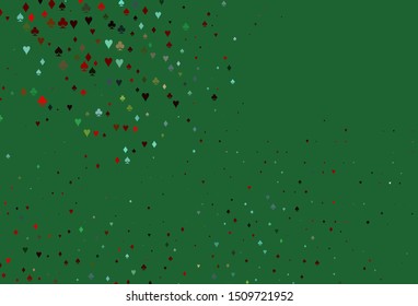 Light Green, Red vector background with cards signs. Glitter abstract sketch with isolated symbols of playing cards. Pattern for booklets, leaflets of gambling houses.