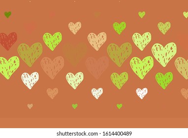 Light Green, Red vector background with hearts. Illustration with shapes of gradient hearts on blur backdrop. Pattern for valentine's ad, booklets.