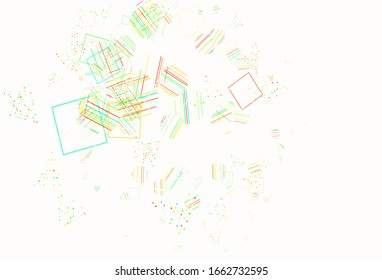 Hellgrüner, roter Vektorillustration-Hintergrund mit Dreiecken, Kreisen, Würfeln. Abstrakte Farbverlauf-Illustration mit Kreisen, Dreiecken, Würfeln. Kluges Design für Ihre Werbung.