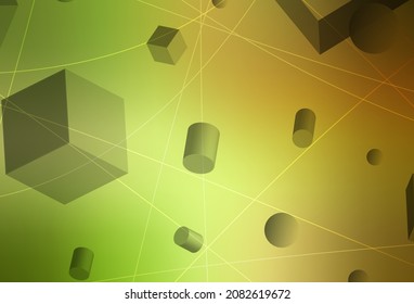 Light Green, Red vector background with 3D cubes, cylinders, spheres, rectangles. Illustration with a set of geometrical shapes. Wallpaper for a cell phone.