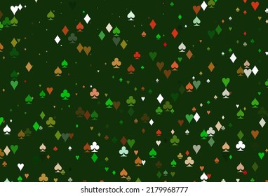 Light Green, Red vector background with cards signs. Blurred decorative design of hearts, spades, clubs, diamonds. Pattern for leaflets of poker games, events.