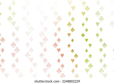 Light Green, Red vector background with cards signs. Blurred decorative design of hearts, spades, clubs, diamonds. Design for ad, poster, banner of gambling websites.