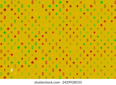 Light green, red vector background with cards signs. Colored illustration with hearts, spades, clubs, diamonds. Pattern for booklets, leaflets of gambling houses.