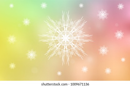 Light Green, Red vector cover with beautiful snowflakes. Snow on blurred abstract background with gradient. The pattern can be used for new year ad, booklets.