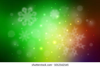 Light Green, Red vector cover with beautiful snowflakes. Blurred decorative design in xmas style with snow. The pattern can be used for new year leaflets.