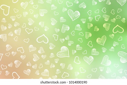 Light Green, Red vector cover with Shining hearts. Blurred decorative design in doodle style with hearts. Design for ad, poster, banner of Valentine Day.