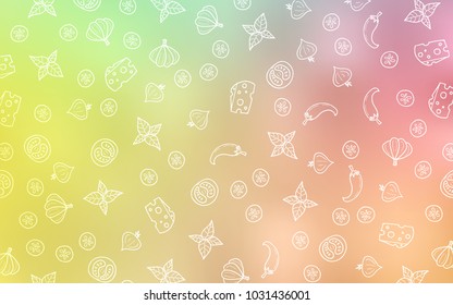 Light Green, Red vector cover with cuisine gourmet. Illustration with set of fresh food in doodle style. Template for meal cooking in kitchen.