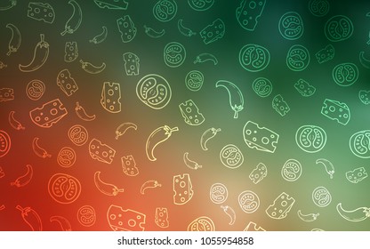 Light Green, Red vector cover with cuisine gourmet. Decorative shining illustration with food on abstract template. Pattern for ads of breakfast, lunch, dinner.