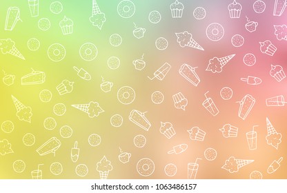 Light Green, Red vector cover with set of confections. Confections on blurred abstract background with colorful gradient. Pattern for ad, booklets, leaflets of restaurants.