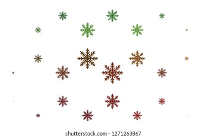 Light Green, Red vector cover with beautiful snowflakes. Snow on blurred abstract background with gradient. The pattern can be used for new year ad, booklets.
