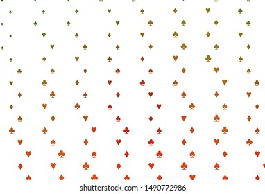Light Green, Red vector cover with symbols of gamble. Colored illustration with hearts, spades, clubs, diamonds. Template for business cards of casinos.
