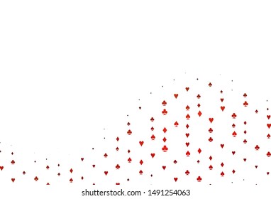 Light Green, Red vector cover with symbols of gamble. Blurred decorative design of hearts, spades, clubs, diamonds. Template for business cards of casinos.