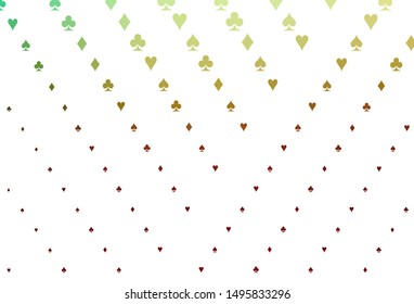 Light Green, Red vector cover with symbols of gamble. Colorful gradient with signs of hearts, spades, clubs, diamonds. Template for business cards of casinos.