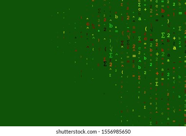 Light Green, Red vector cover with math elements. Abstract illustration with colored algebra signs. Pattern for school, grammar websites.