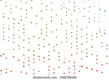 Light Green, Red vector cover with symbols of gamble. Colorful gradient with signs of hearts, spades, clubs, diamonds. Design for ad, poster, banner of gambling websites.