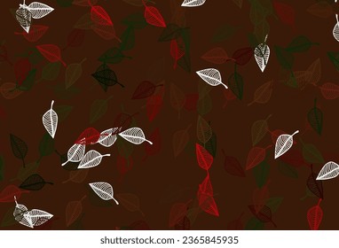 Fondo de doodle de vector rojo, verde claro. Patrón con hojas coloreadas degradadas en estilo natural. Diseño pintado a mano para web, volante, textil.